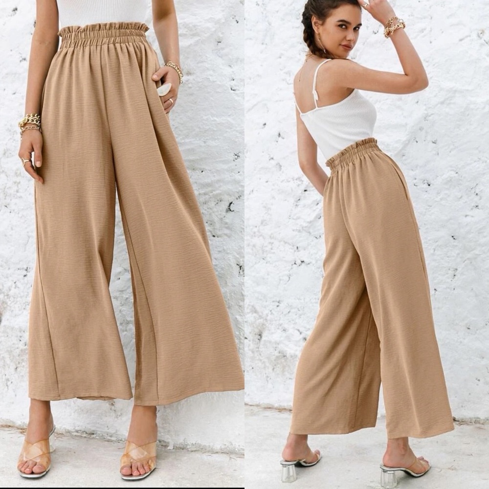 High waisted flared wide leg cropped pants shirred boho khaki tan - Picture 1 of 6